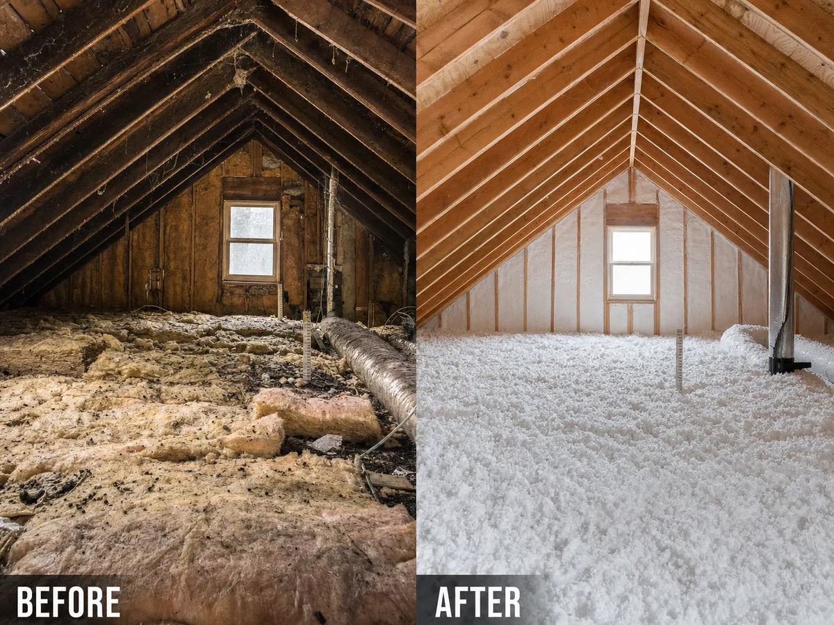 Attic before and after — bare and patchy insulation on the left, a deep even blown-in blanket on the right